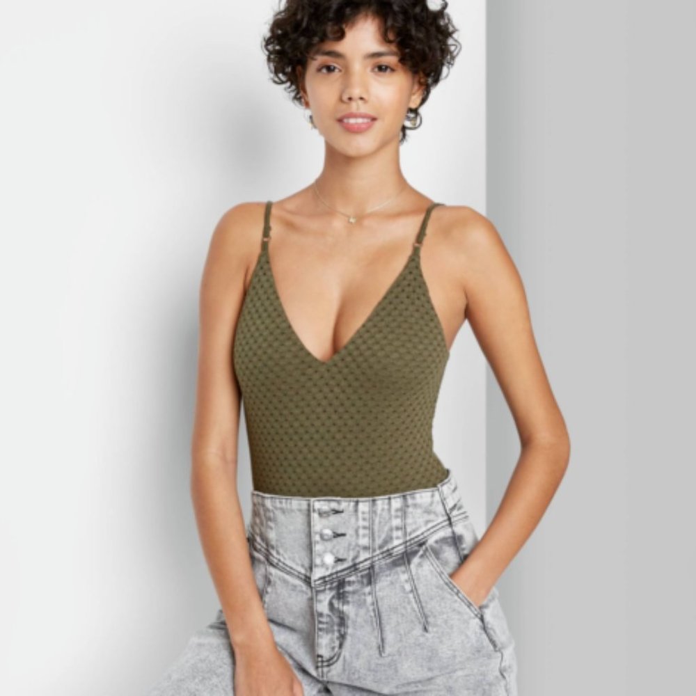 NWT Wild Fable Olive Green Deep Plunge Bodysuit with Adjustable Straps